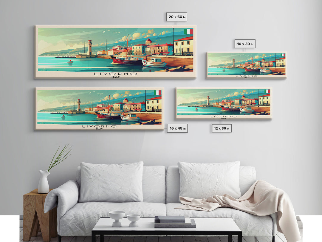 Livorno Italy Panoramic Travel Poster, Framed Canvas Print or Metal Wall Art, Travel Art, Home Decor, Panoramic Painting, Midcentury Art