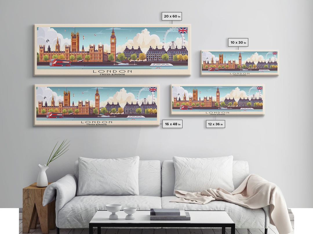 London United Kingdom Panoramic Travel Poster, Framed Canvas Print or Metal Wall Art, Travel Art, Home Decor, Panoramic Painting, Midcentury Art