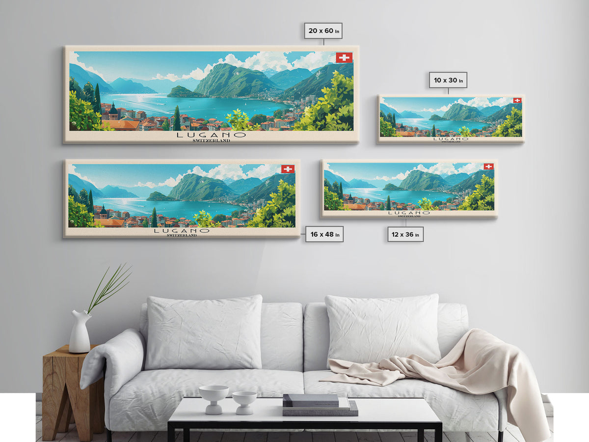 Lugano Switzerland Panoramic Travel Poster, Framed Canvas Print or Metal Wall Art, Travel Art, Home Decor, Panoramic Painting, Midcentury Art