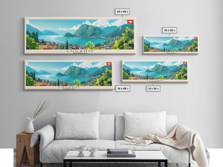 Lugano Switzerland Panoramic Travel Poster, Framed Canvas Print or Metal Wall Art, Travel Art, Home Decor, Panoramic Painting, Midcentury Art