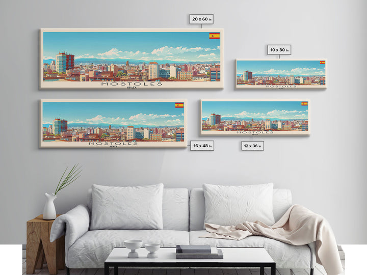 Mostoles Spain Panoramic Travel Poster, Framed Canvas Print or Metal Wall Art, Travel Art, Home Decor, Panoramic Painting, Midcentury Art
