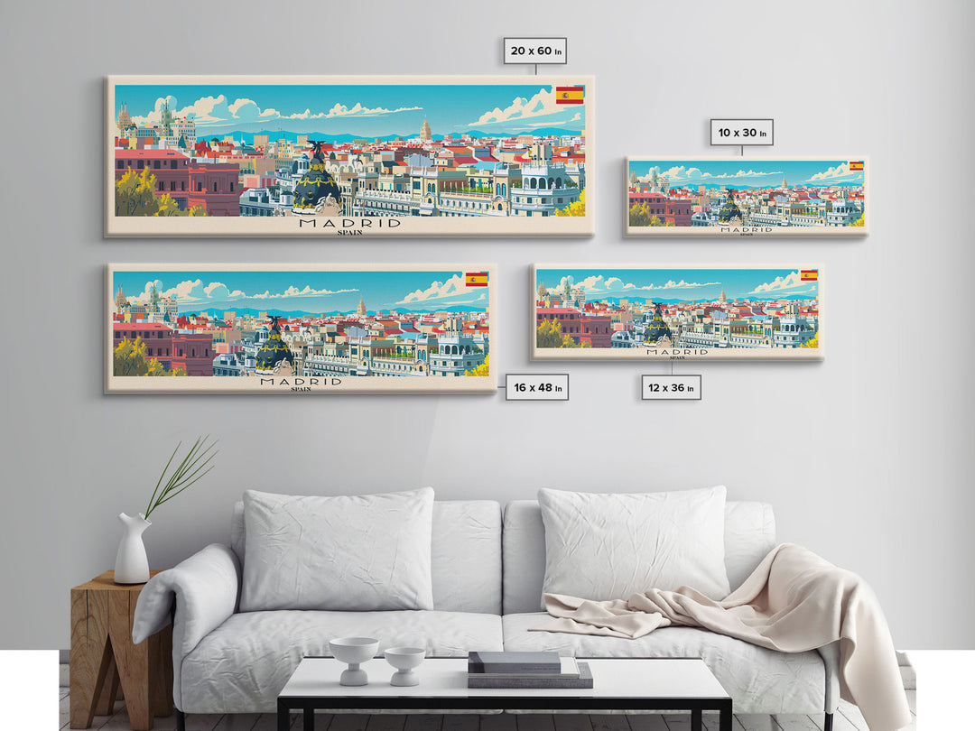 Madrid Spain Panoramic Travel Poster, Framed Canvas Print or Metal Wall Art, Travel Art, Home Decor, Panoramic Painting, Midcentury Art