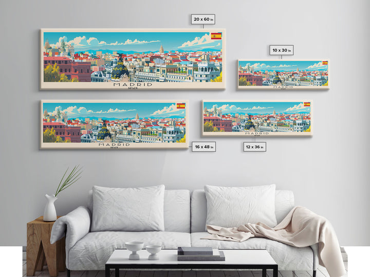 Madrid Spain Panoramic Travel Poster, Framed Canvas Print or Metal Wall Art, Travel Art, Home Decor, Panoramic Painting, Midcentury Art