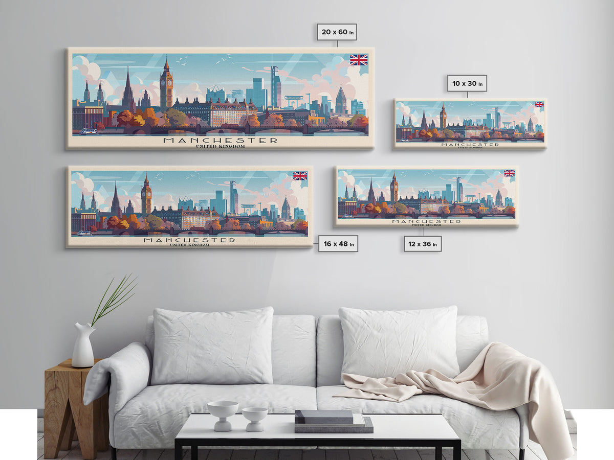 Manchester United Kingdom Panoramic Travel Poster, Framed Canvas Print or Metal Wall Art, Travel Art, Home Decor, Panoramic Painting, Midcentury Art