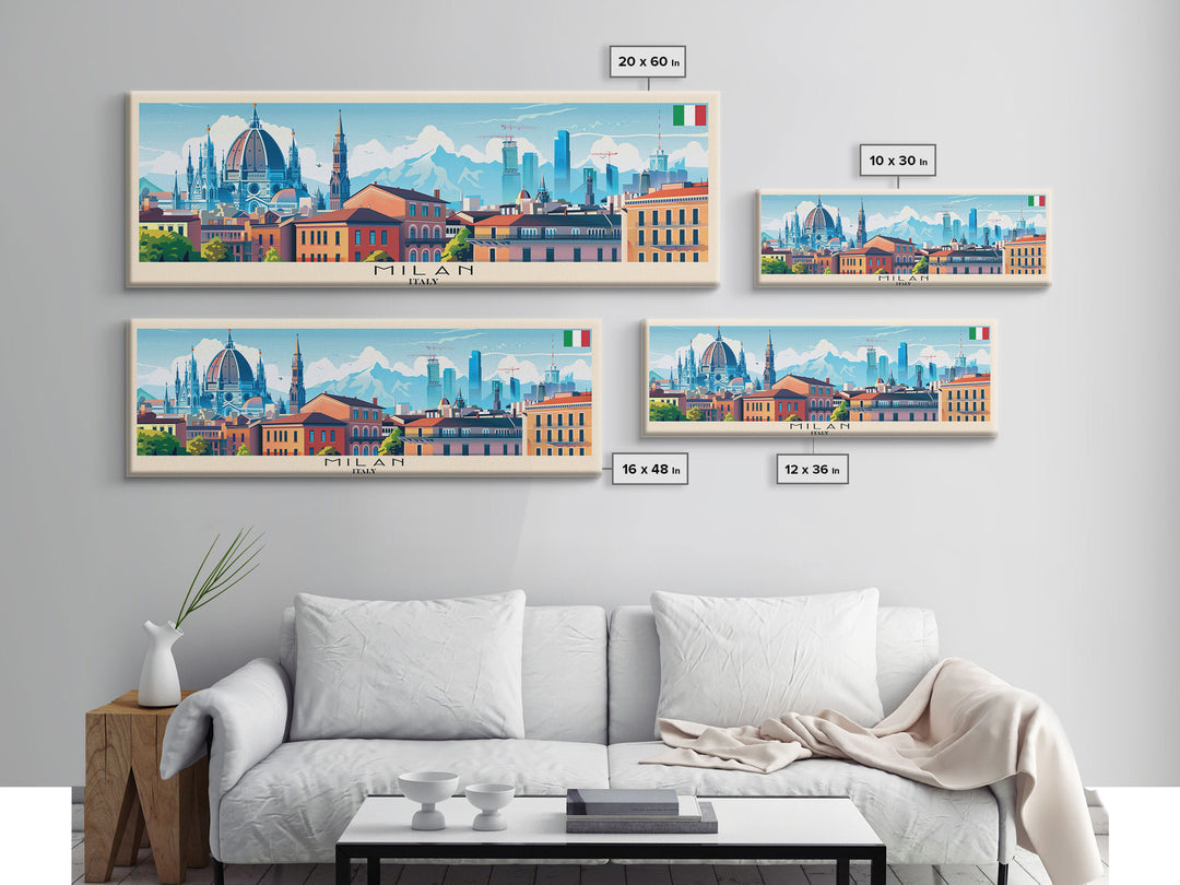 Milan Italy Panoramic Travel Poster, Framed Canvas Print or Metal Wall Art, Travel Art, Home Decor, Panoramic Painting, Midcentury Art