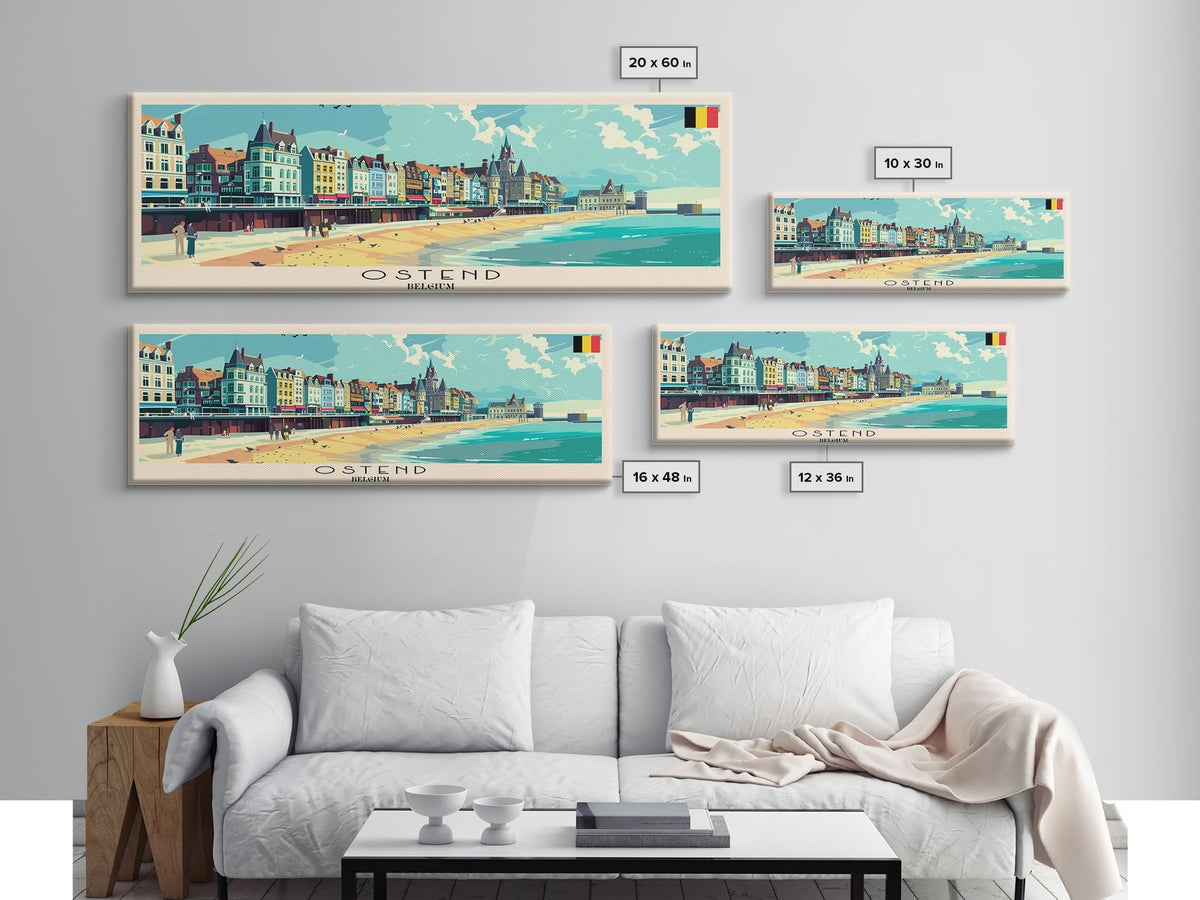 Ostend Belgium Panoramic Travel Poster, Framed Canvas Print or Metal Wall Art, Travel Art, Home Decor, Panoramic Painting, Midcentury Art