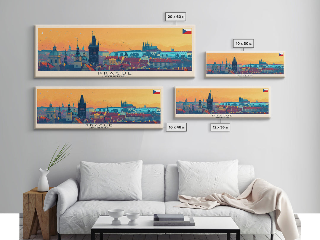 Prague Czech Republic Travel Art, City Art, Framed Canvas Print or Metal Wall Art, Europe Travel Poster, Panoramic Wall Art, Extra Wide Wall Art