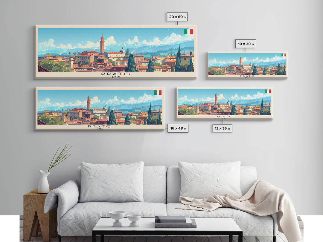 Prato Italy Panoramic Travel Poster, Framed Canvas Print or Metal Wall Art, Travel Art, Home Decor, Panoramic Painting, Midcentury Art