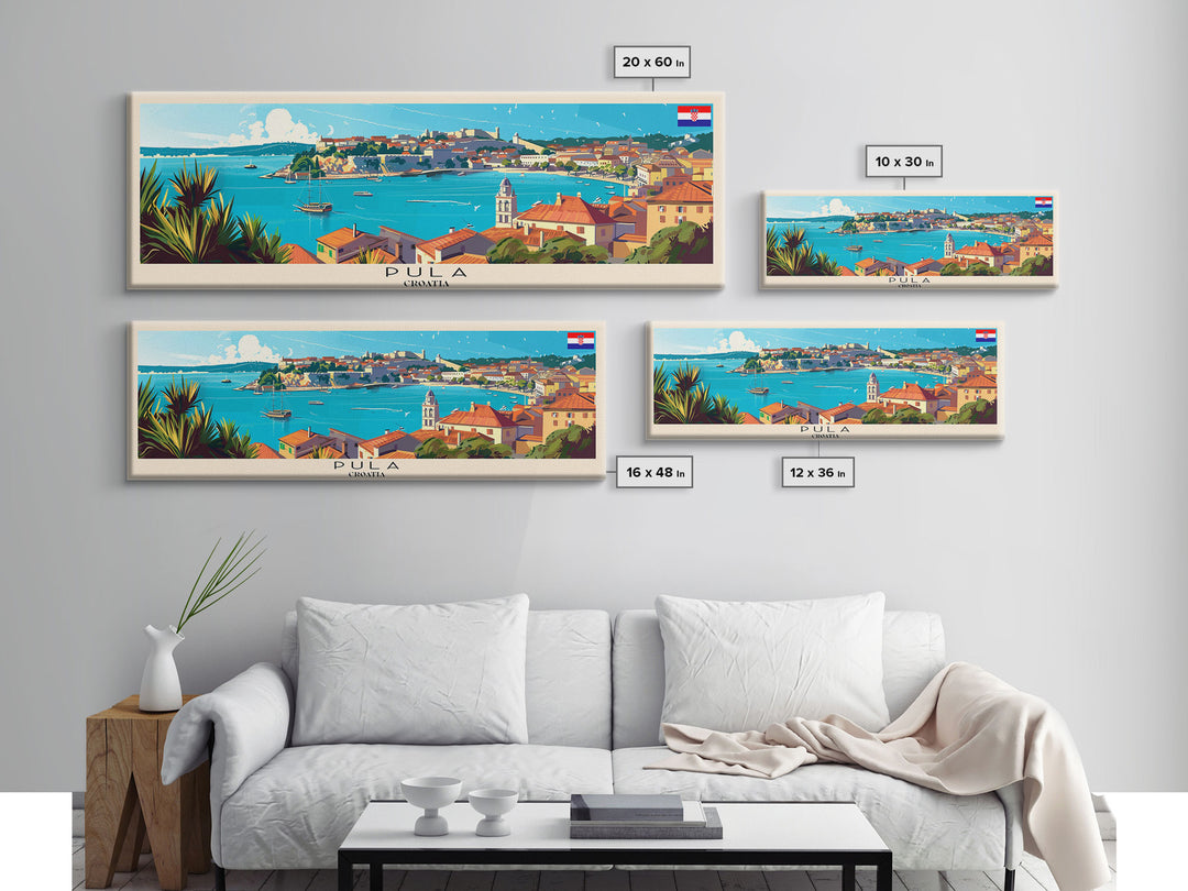 Pula Croatia Panoramic Travel Poster, Framed Canvas Print or Metal Wall Art, Travel Art, Home Decor, Panoramic Painting, Midcentury Art
