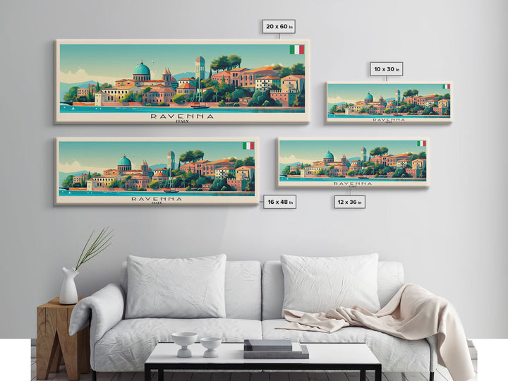 Ravenna Italy Panoramic Travel Poster, Framed Canvas Print or Metal Wall Art, Travel Art, Home Decor, Panoramic Painting, Midcentury Art