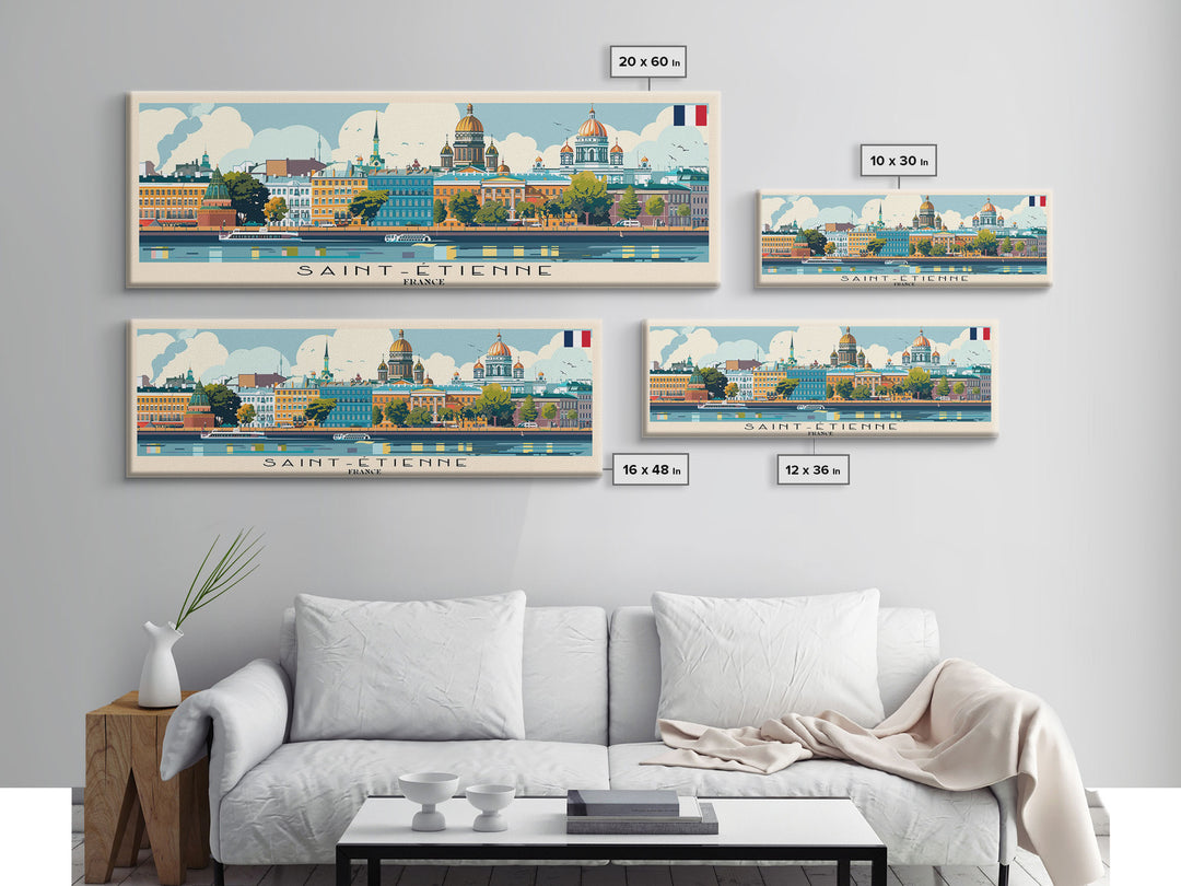 Saint Etienne France Panoramic Travel Poster, Framed Canvas Print or Metal Wall Art, Travel Art, Home Decor, Panoramic Painting, Midcentury Art