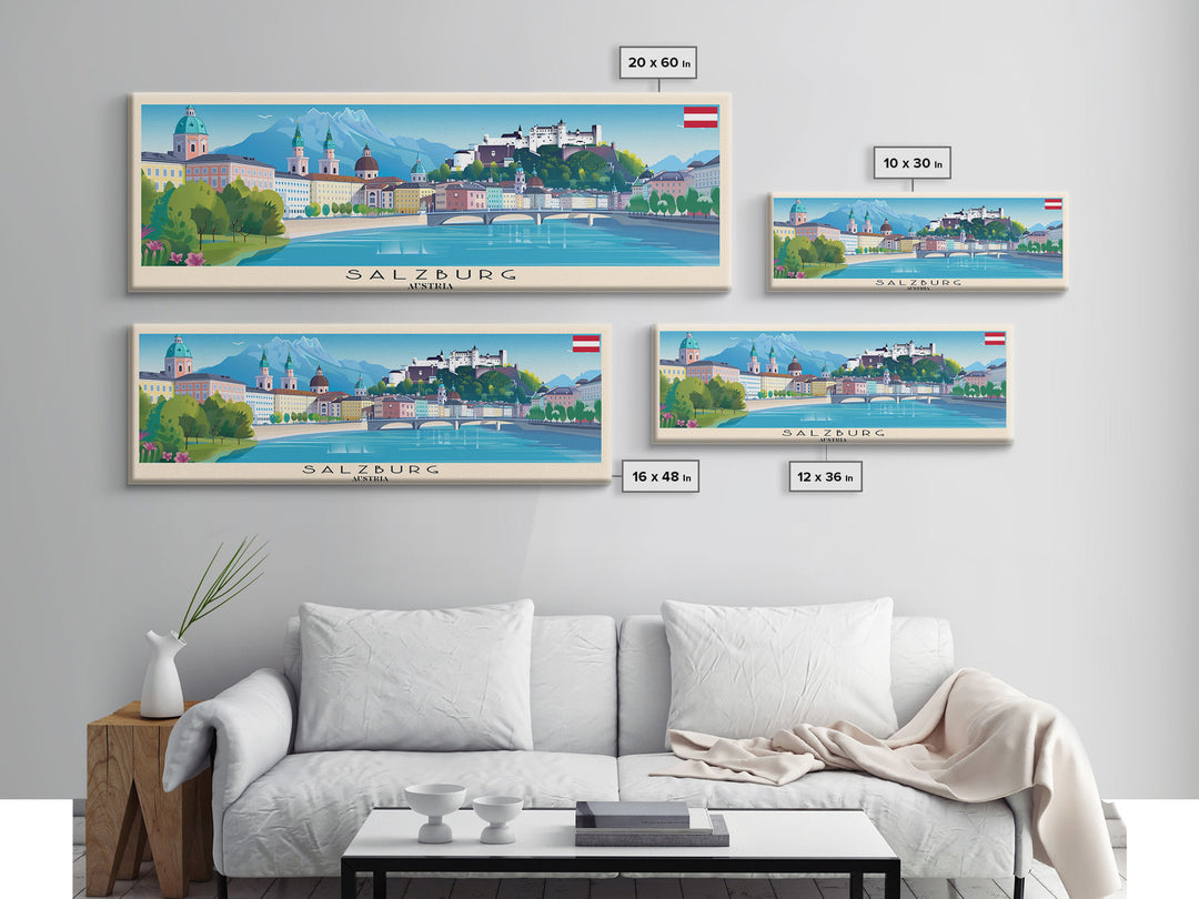 Salzburg Austria Panoramic Travel Poster, Framed Canvas Print or Metal Wall Art, Travel Art, Home Decor, Panoramic Painting, Midcentury Art