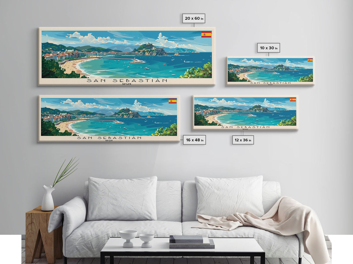 San Sebastian Spain Panoramic Travel Poster, Framed Canvas Print or Metal Wall Art, Travel Art, Home Decor, Panoramic Painting, Midcentury Art