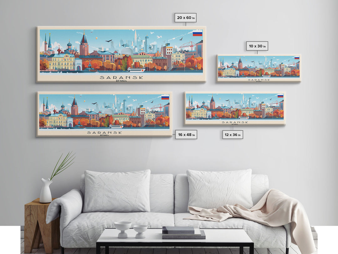 Saransk Russia Panoramic Travel Poster, Framed Canvas Print or Metal Wall Art, Travel Art, Home Decor, Panoramic Painting, Midcentury Art