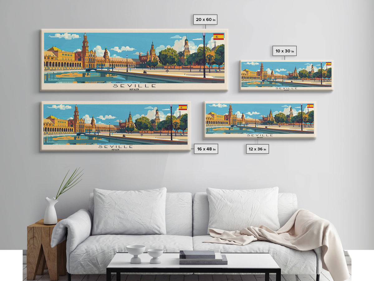 Seville Spain Panoramic Travel Poster, Framed Canvas Print or Metal Wall Art, Travel Art, Home Decor, Panoramic Painting, Midcentury Art