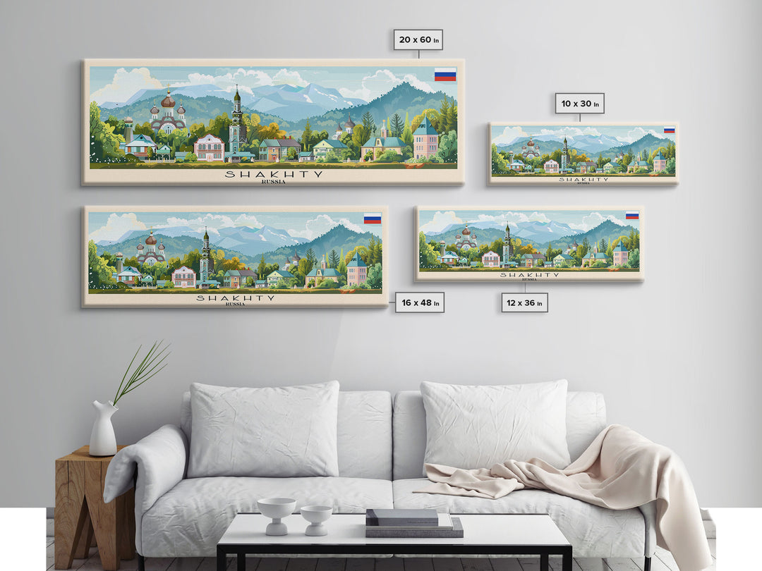Shakhty Russia Panoramic Travel Poster, Framed Canvas Print or Metal Wall Art, Travel Art, Home Decor, Panoramic Painting, Midcentury Art
