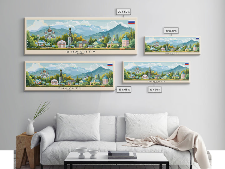 Shakhty Russia Panoramic Travel Poster, Framed Canvas Print or Metal Wall Art, Travel Art, Home Decor, Panoramic Painting, Midcentury Art