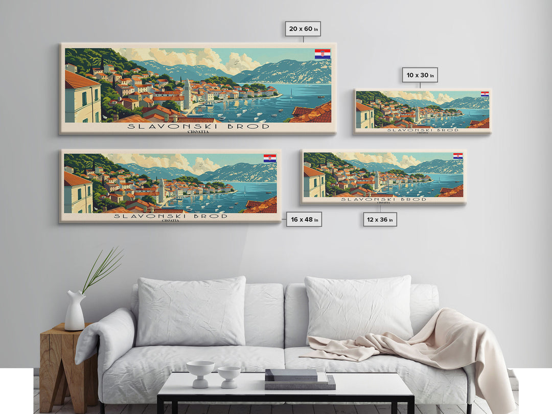 Slavonski Brod Croatia Panoramic Travel Poster, Framed Canvas Print or Metal Wall Art, Travel Art, Home Decor, Panoramic Painting, Midcentury Art