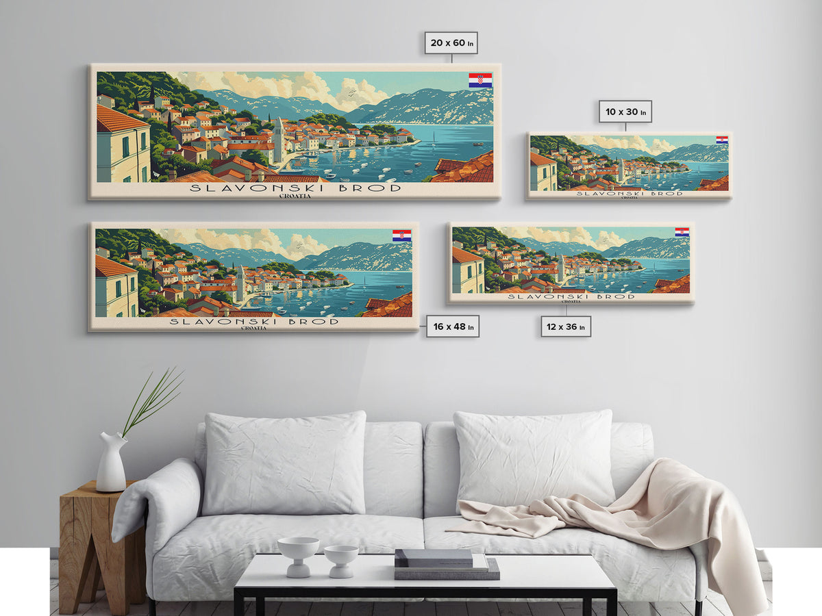 Slavonski Brod Croatia Panoramic Travel Poster, Framed Canvas Print or Metal Wall Art, Travel Art, Home Decor, Panoramic Painting, Midcentury Art