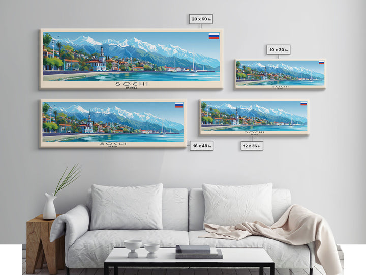 Sochi Russia Panoramic Travel Poster, Framed Canvas Print or Metal Wall Art, Travel Art, Home Decor, Panoramic Painting, Midcentury Art