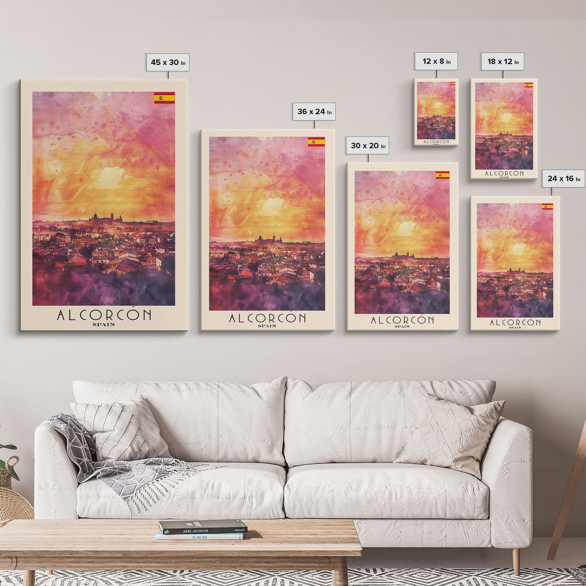 Alcorcón Spain Sunset Skyline Travel Poster Art, Framed Canvas Print, Beautiful Wall Art for Living Room or Bedroom, Home Decoration