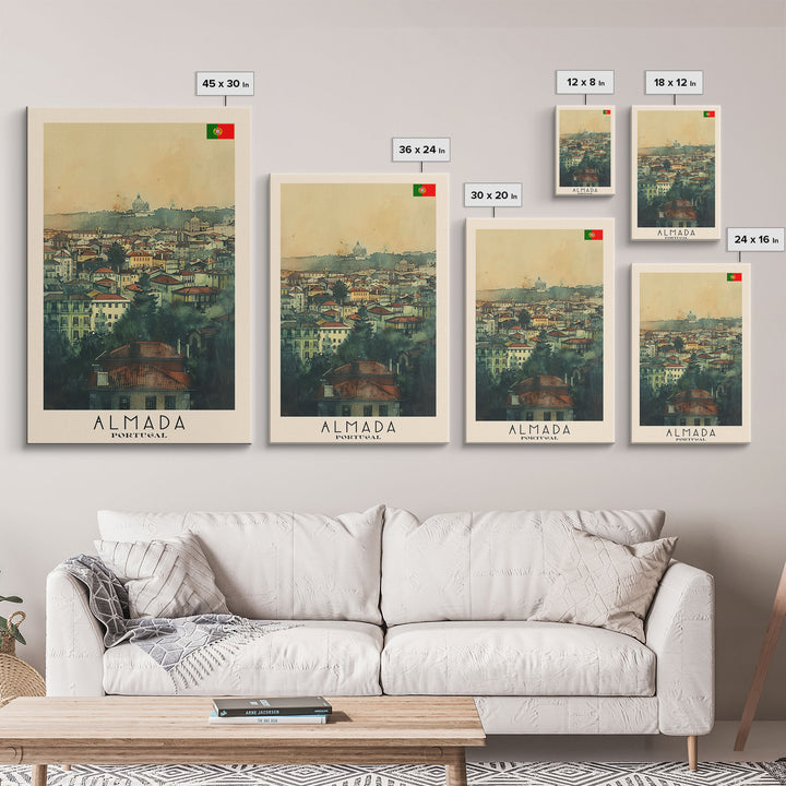 Almada Portugal Historic City Travel Poster Art, Framed Canvas Print, Beautiful Wall Art for Living Room or Bedroom, Home Decoration