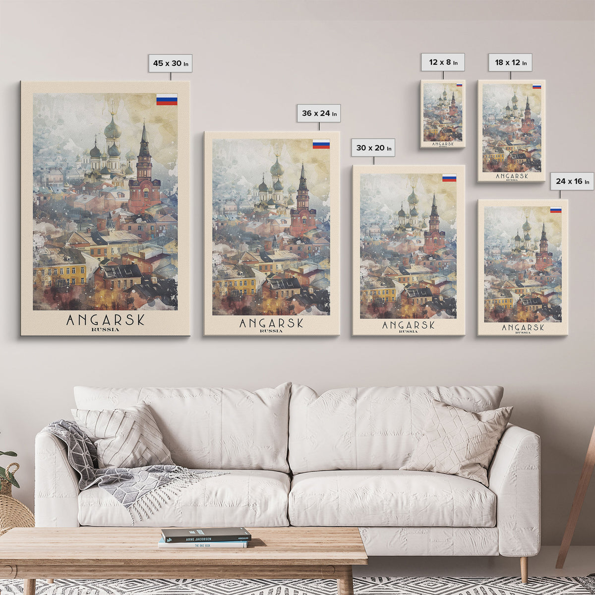 Beautiful Angarsk Skyline, Framed Canvas Print, Unique Travel Poster Art, Living Room Wall Decor, Minimalist Style, Watercolor Painting