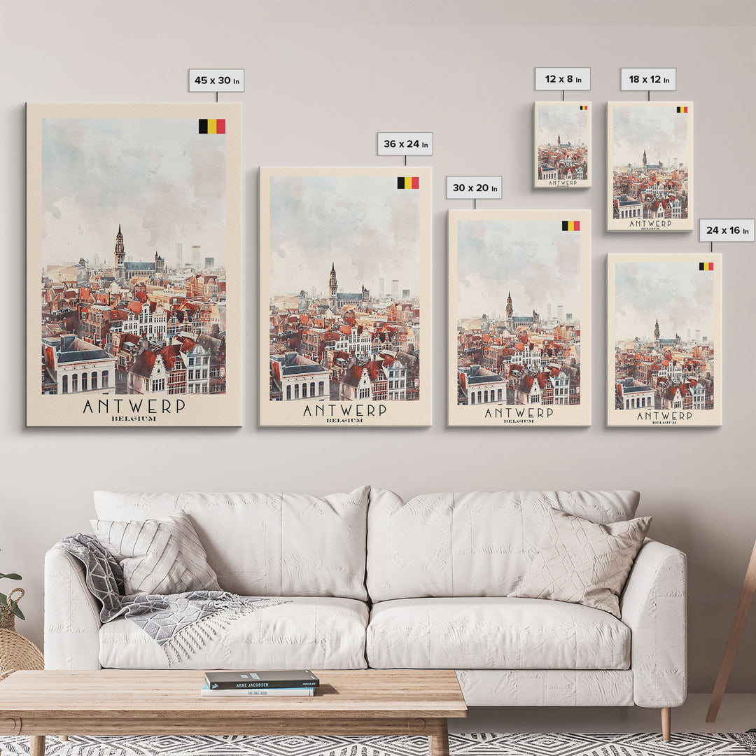 Charming Antwerp Cityscape, Framed Canvas Print, Perfect for Living Room Art, Travel Poster, Minimalist Home Decor, Watercolor Art