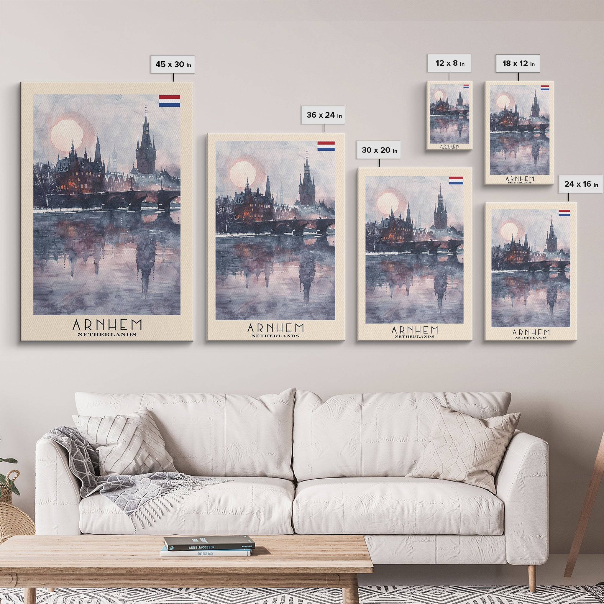 Arnhem Netherlands Travel Poster Framed Canvas Print, Wall Art, Home Decor, Vacation Print, Watercolor Painting, Cityscape Art