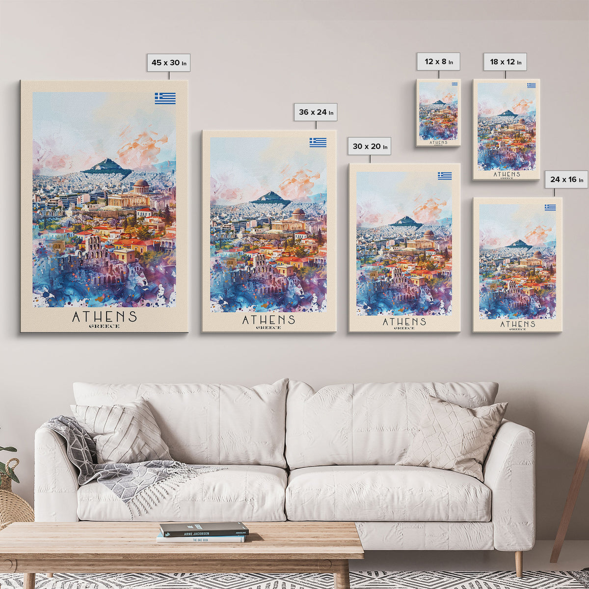 Athens Greece Travel Poster Framed Canvas Print, Wall Art, Home Decor, Vacation Print, Watercolor Painting, Ancient Ruins, Historical Art