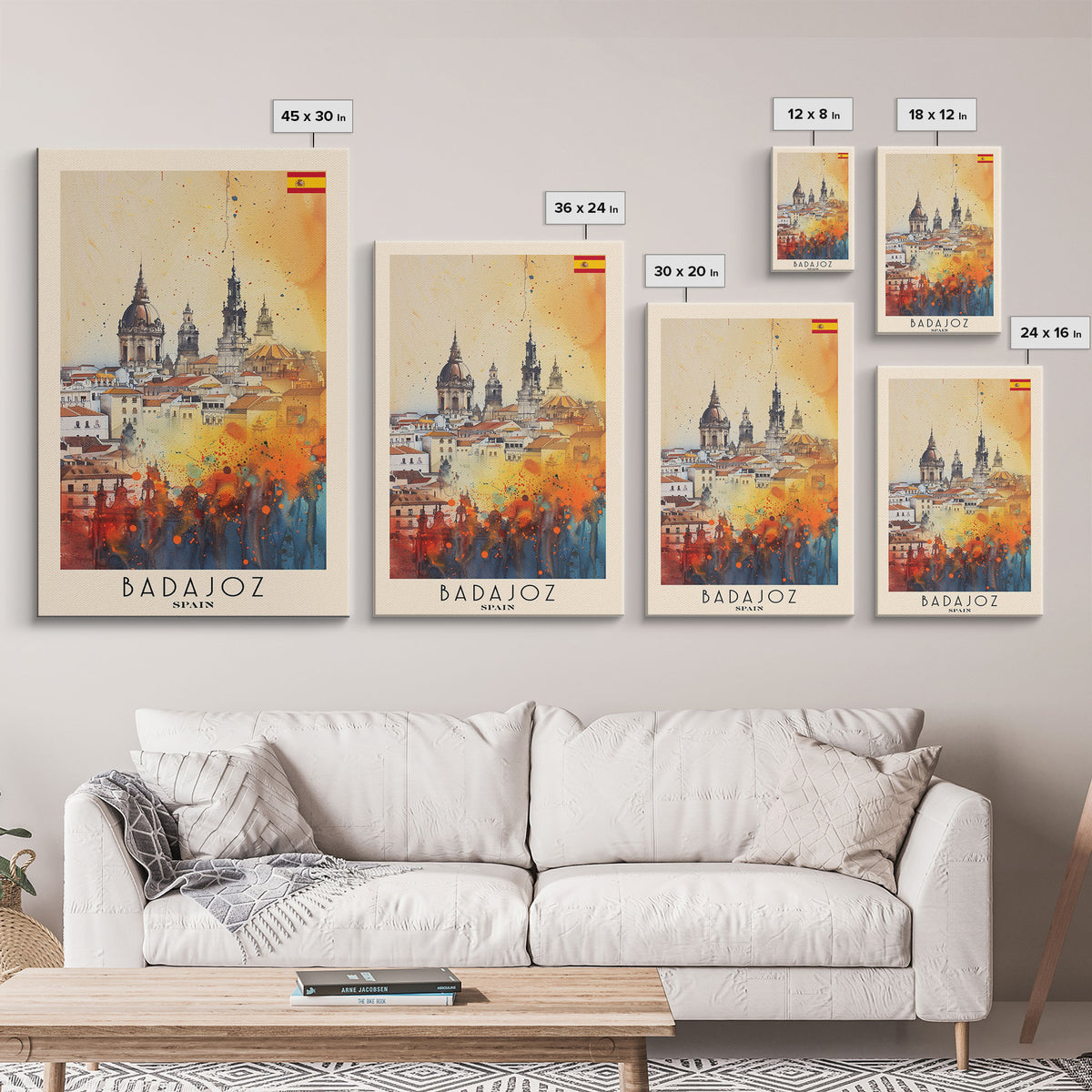 Badajoz Spain Travel Poster Framed Canvas Print, Wall Art, Home Decor, Vacation Print, Watercolor Painting, Cityscape Art, Vibrant Colors