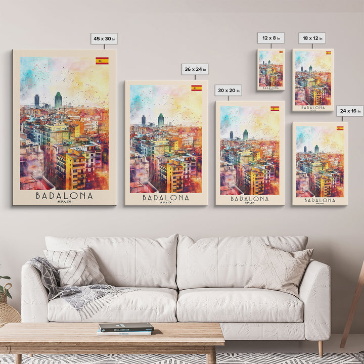 Badalona Spain Travel Poster Framed Canvas Print, Wall Art, Home Decor, Travel Print, Watercolor Painting, Urban Cityscape, Original Art