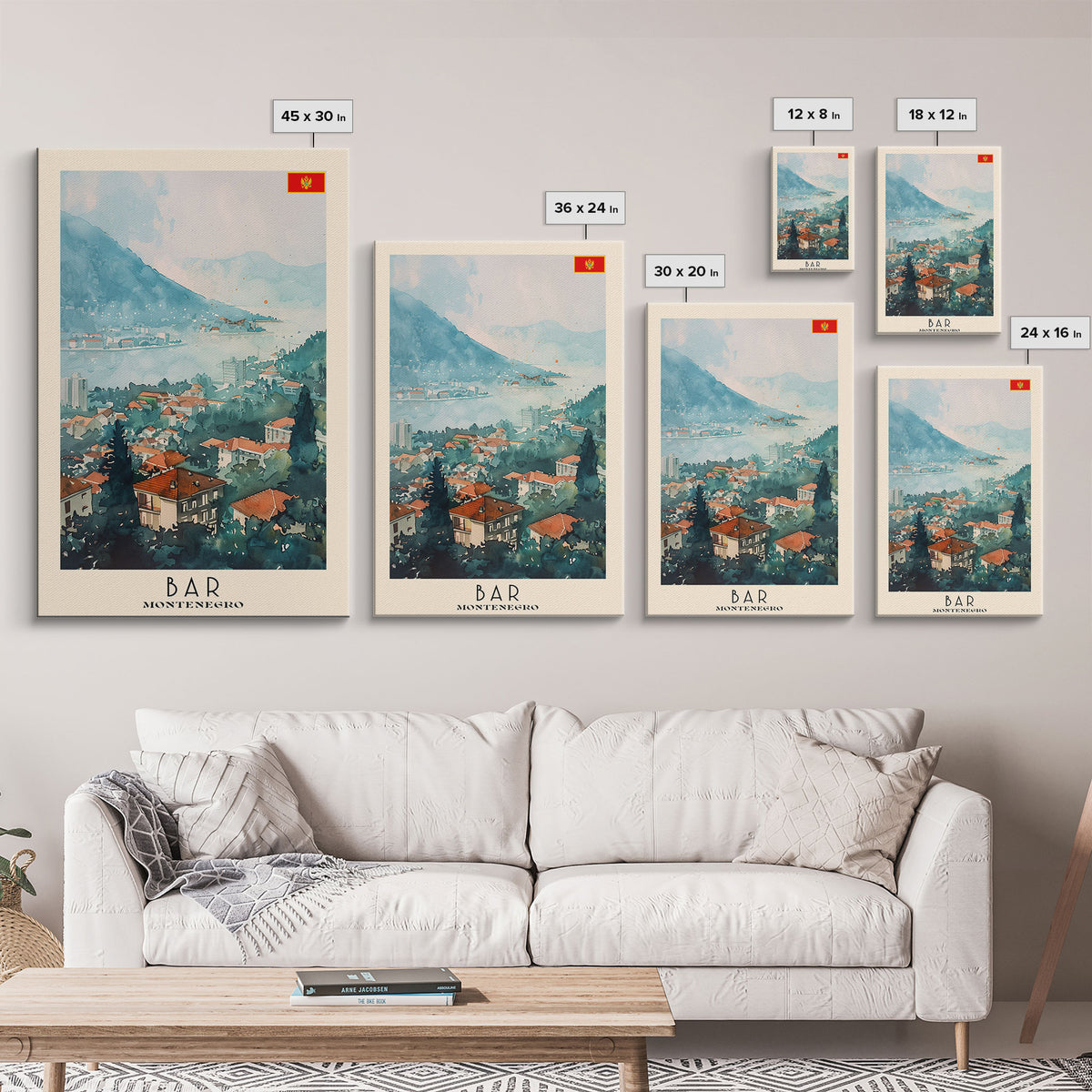 Bar Montenegro Travel Poster Framed Canvas Print, Wall Art, Living Room Art, Watercolor Painting, Original Art, Vacation Gift