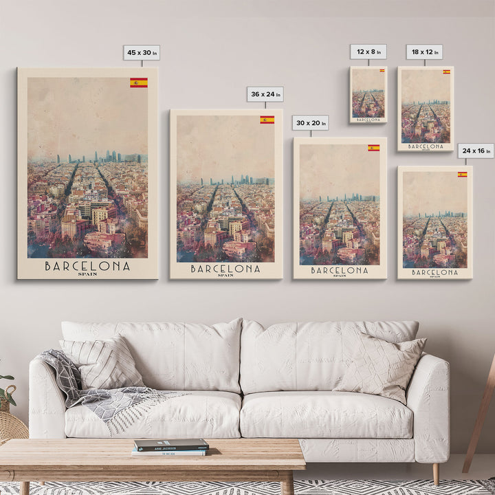Barcelona Spain Travel Poster Framed Canvas Print, Wall Art, Home Decor, Travel Print, Watercolor Painting, Urban Scene, Vibrant Colors