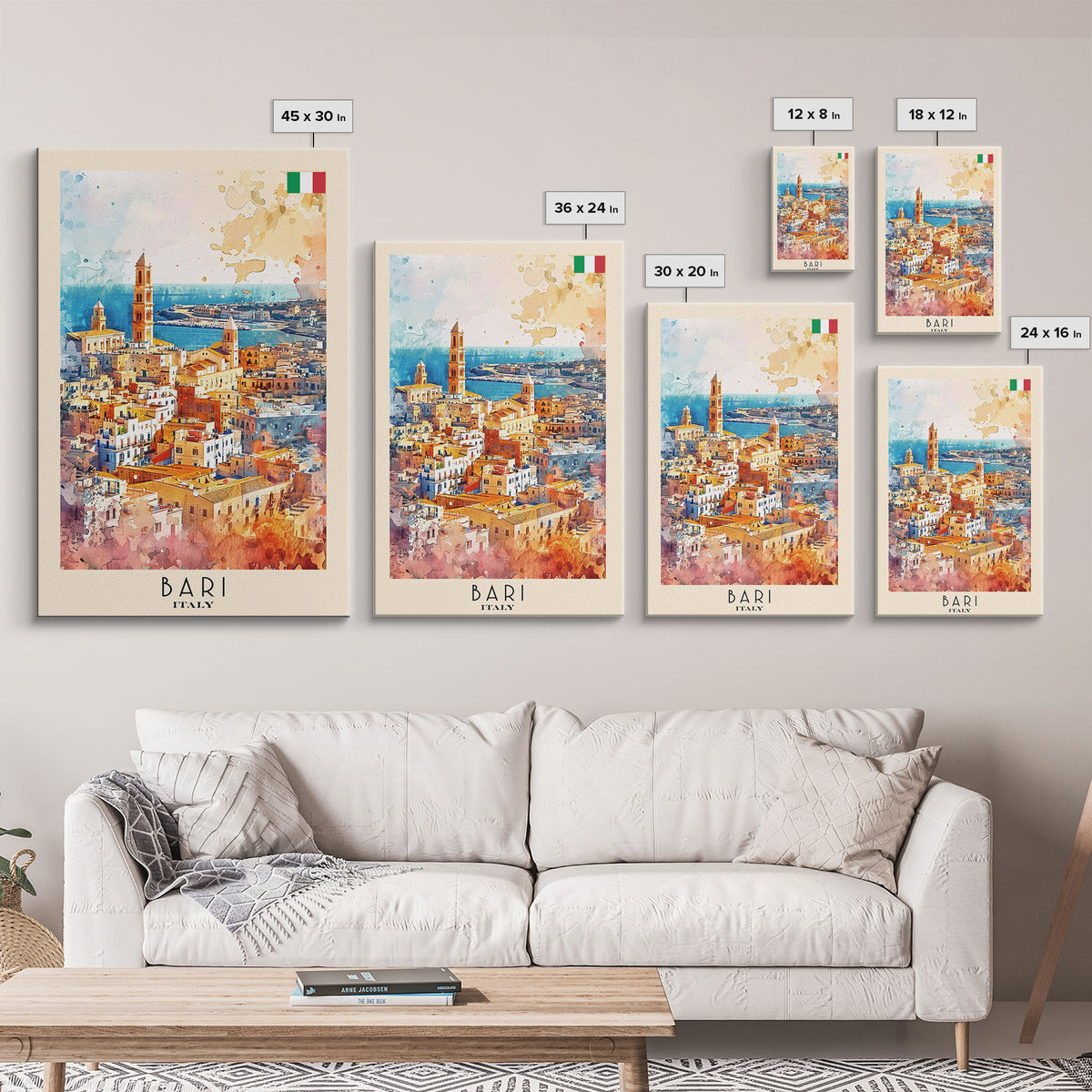 Bari Italy Travel Poster Framed Canvas Print, Wall Art, Home Decor, Watercolor Painting, Vacation Gift, Minimalist Art