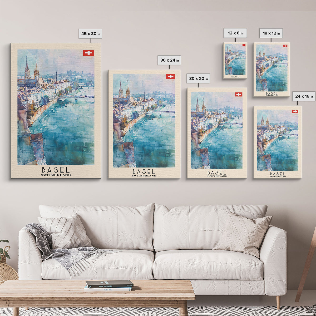 Basel Switzerland Travel Poster Framed Canvas Print, Wall Art, Home Decor, Watercolor Painting, Vacation Gift, Minimalist Art
