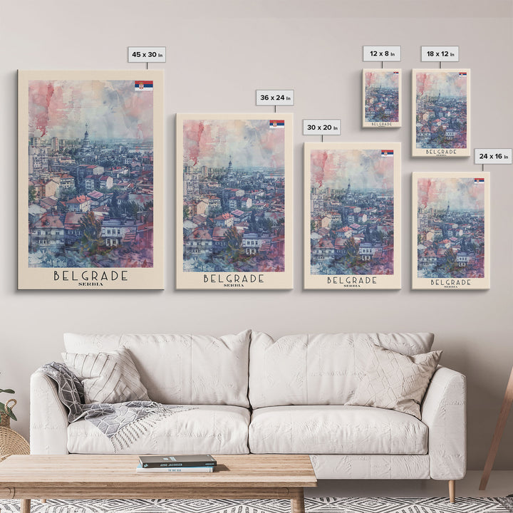 Belgrade Serbia Travel Poster Framed Canvas Print, Wall Art, Living Room Art, Watercolor Painting, Original Art, Vacation Gift