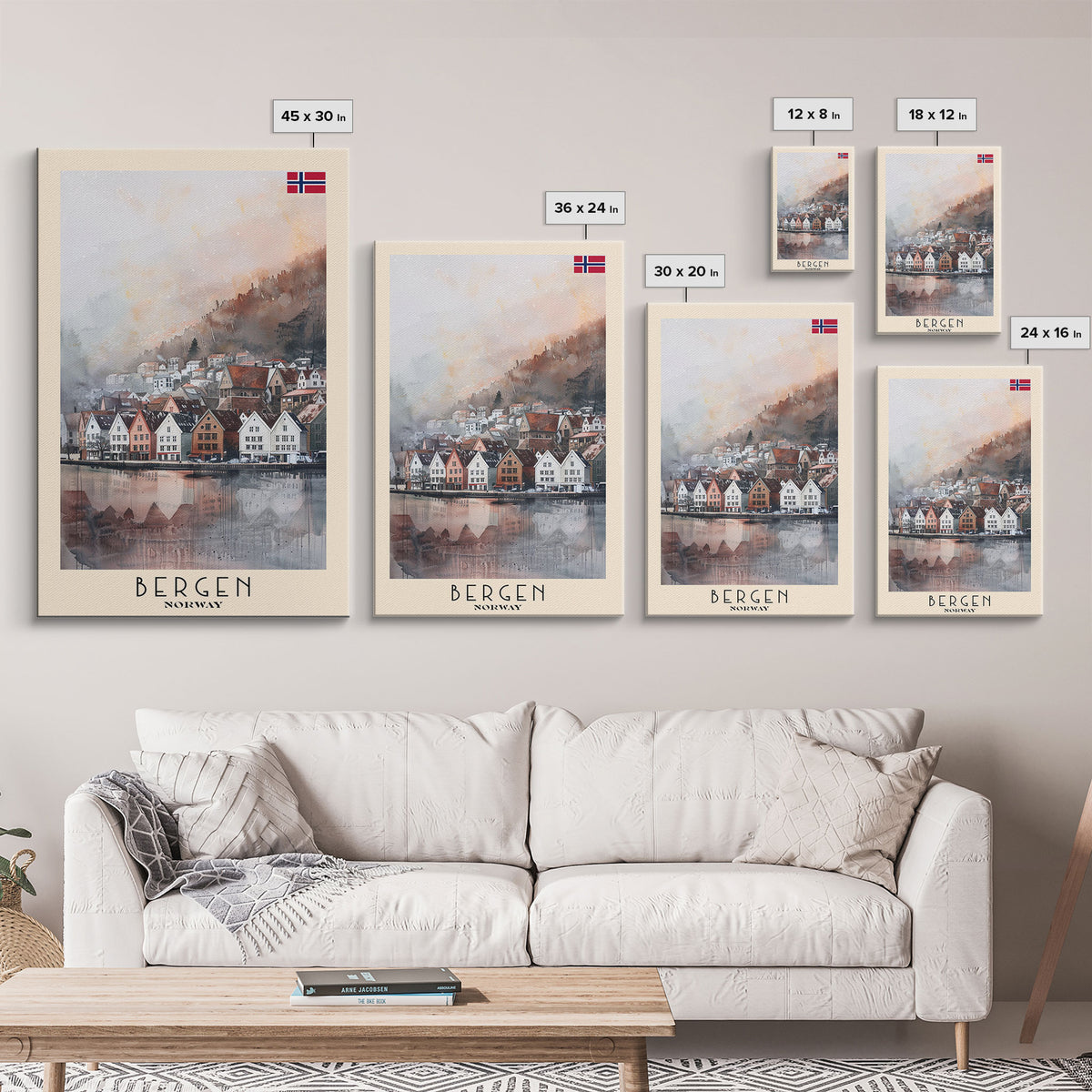 Bergen Norway Travel Poster Framed Canvas Print, Watercolor Painting, Wall Art, Home Decor, Boho Art, Scenic Travel Print