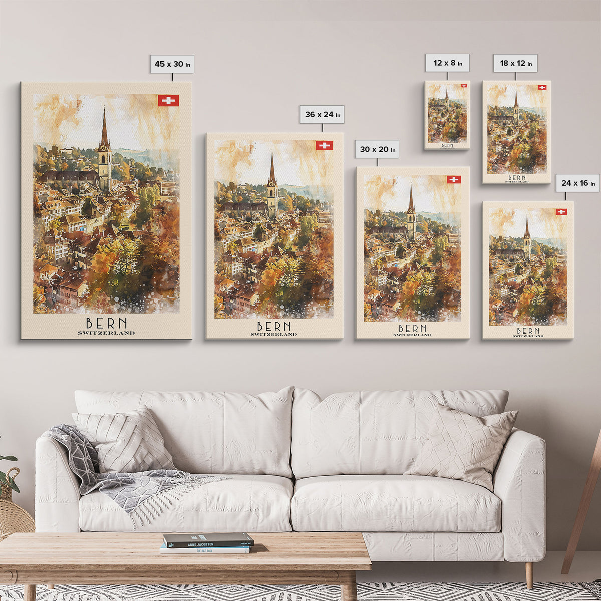 Bern Switzerland Travel Poster Framed Canvas Print, Watercolor Painting, Wall Art, Home Decor, Travel Print, Scenic Art, Original