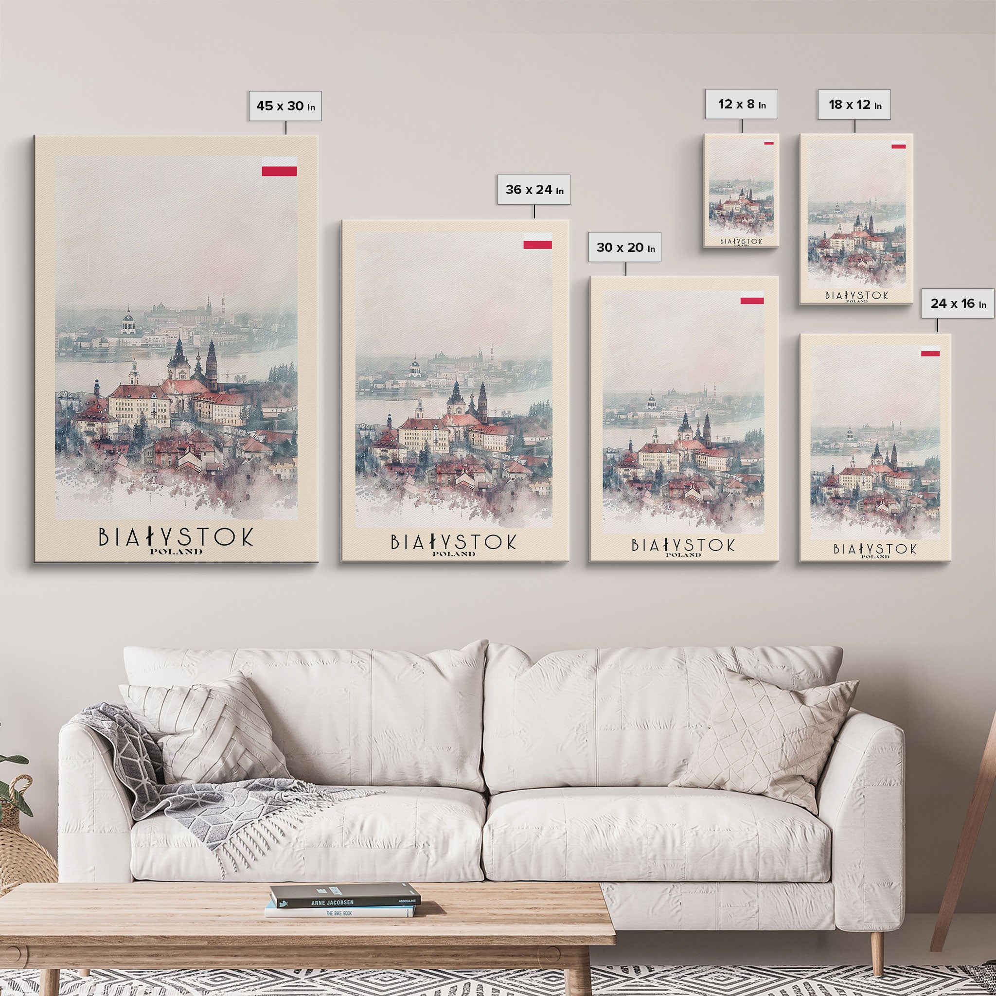 Białystok Poland Travel Poster Framed Canvas Print, Watercolor Art, Home Decor, Wall Art, Travel Print, Historic Cityscape Art