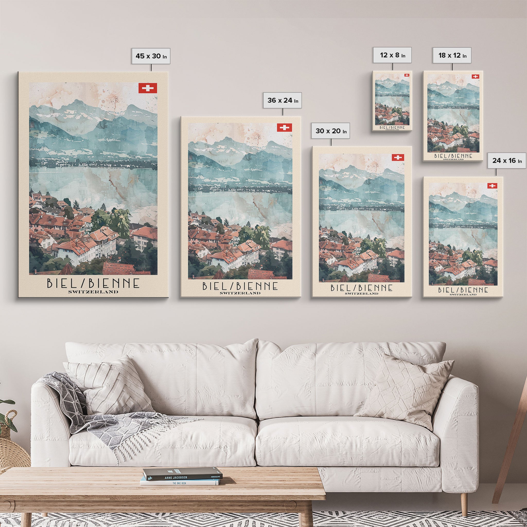 Biel/Bienne Switzerland Travel Poster Framed Canvas Print, Watercolor Painting, Wall Art, Home Decor, Scenic Travel Print