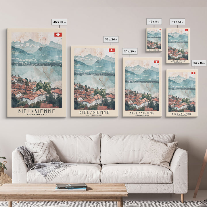 Biel/Bienne Switzerland Travel Poster Framed Canvas Print, Watercolor Painting, Wall Art, Home Decor, Scenic Travel Print