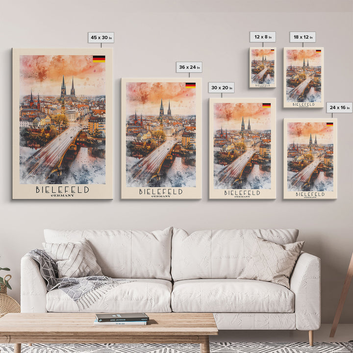 Bielefeld Germany Travel Poster Framed Canvas Print, Watercolor Art, Home Decor, Wall Art, Travel Print, Cityscape Art