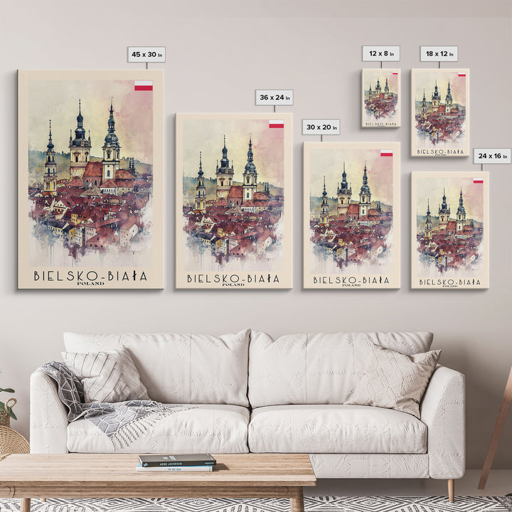Bielsko-Biała Poland Travel Poster Framed Canvas Print, Watercolor Painting, Wall Art, Home Decor, Travel Print, Historic Cityscape