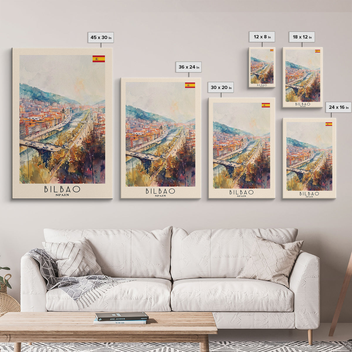 Bilbao Spain Travel Poster Framed Canvas Print, Watercolor Painting, Wall Art, Home Decor, Scenic Travel Print, Cityscape Art