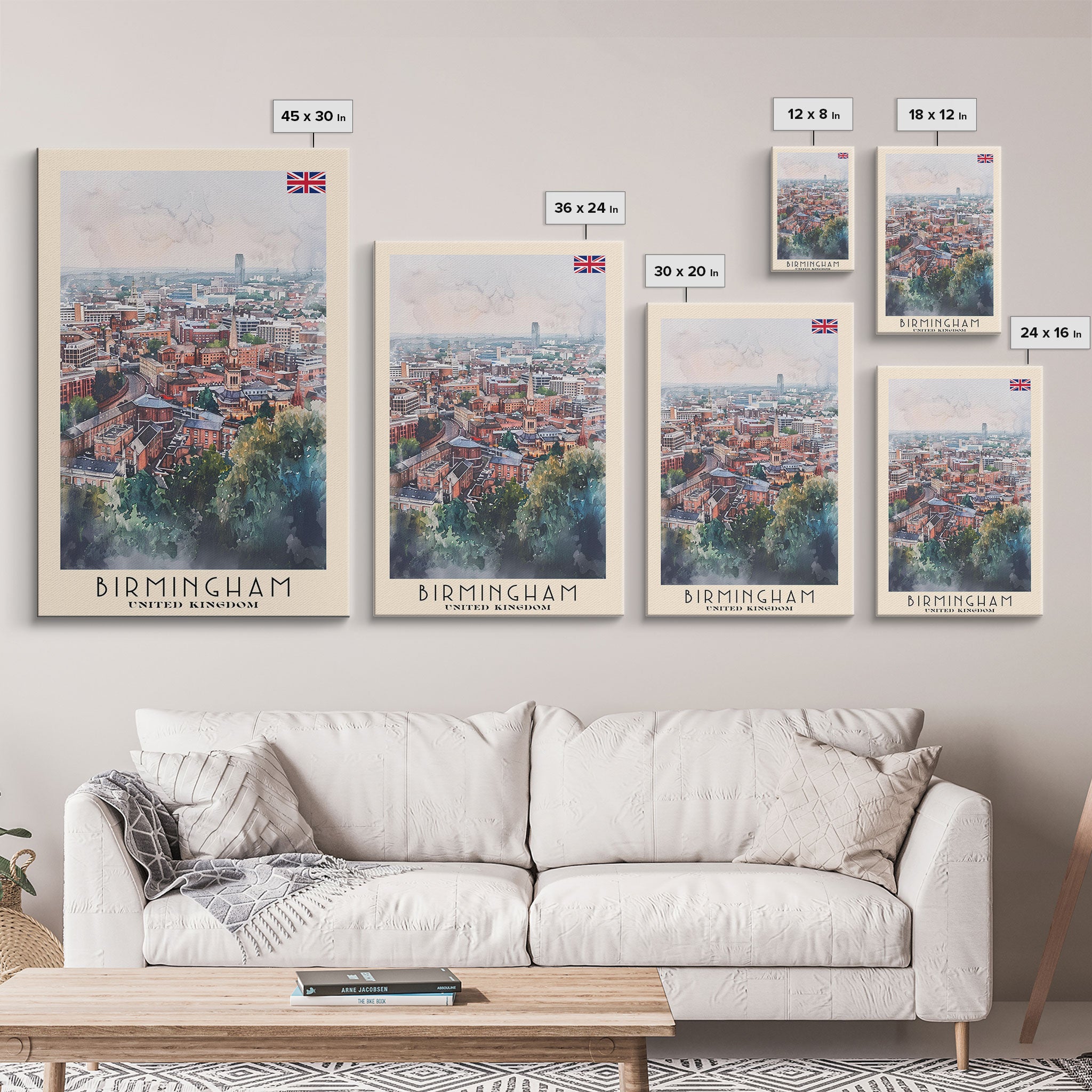 Birmingham United Kingdom Travel Poster Framed Canvas Print, Watercolor Art, Home Decor, Wall Art, Travel Print, Cityscape Art