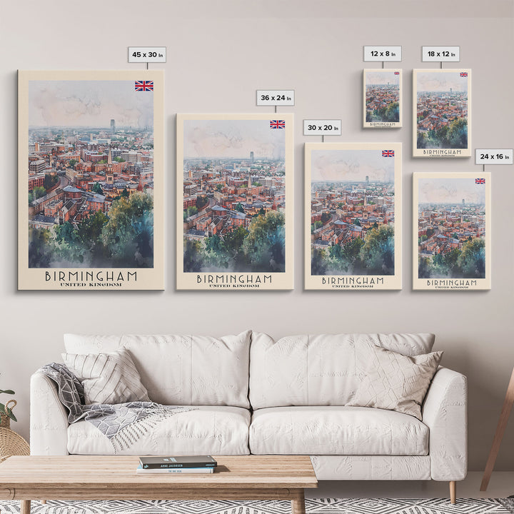 Birmingham United Kingdom Travel Poster Framed Canvas Print, Watercolor Art, Home Decor, Wall Art, Travel Print, Cityscape Art