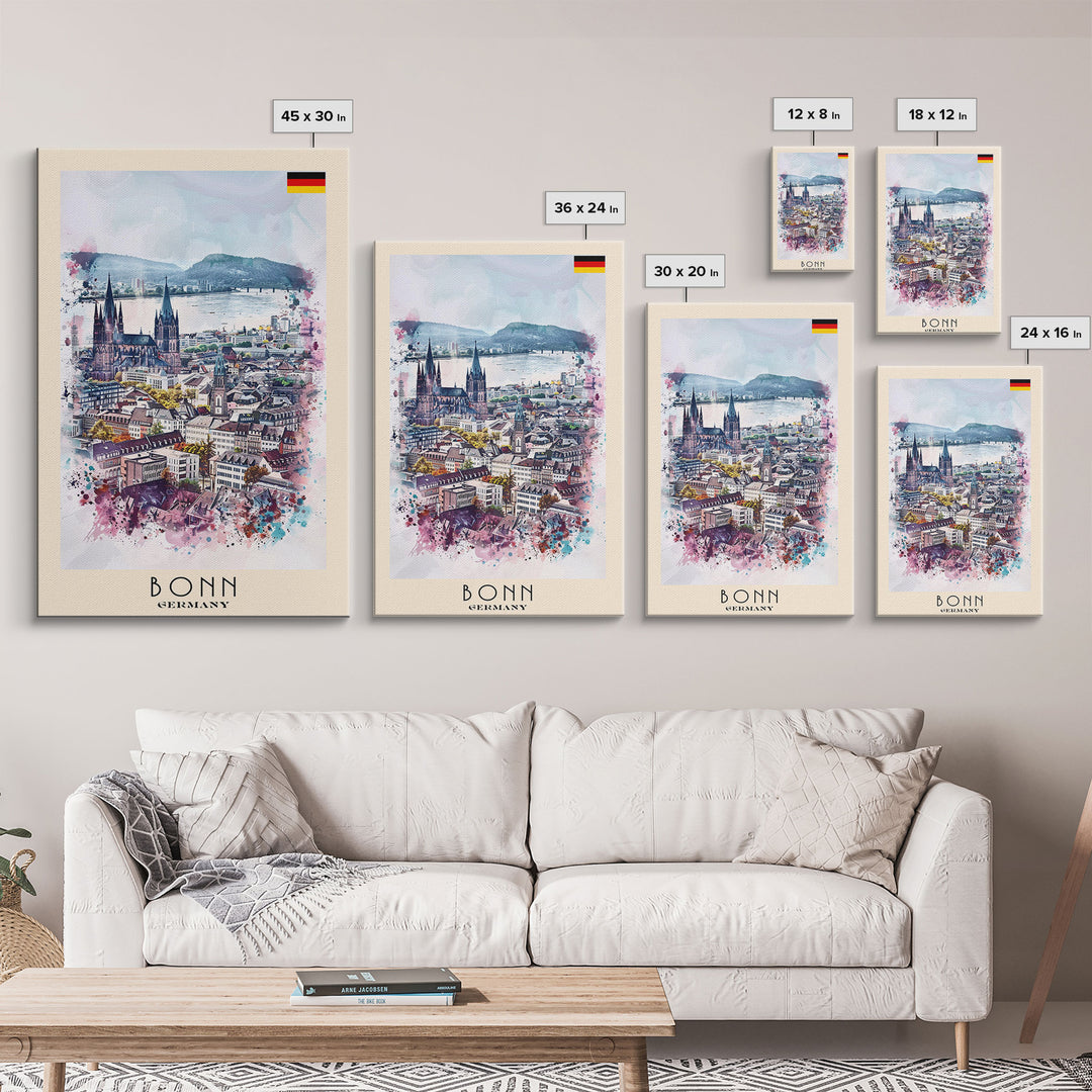 Bonn Germany Travel Poster Framed Canvas Print, Wall Art, Home Decor, Travel Print, River View, Watercolor Painting, Original Art