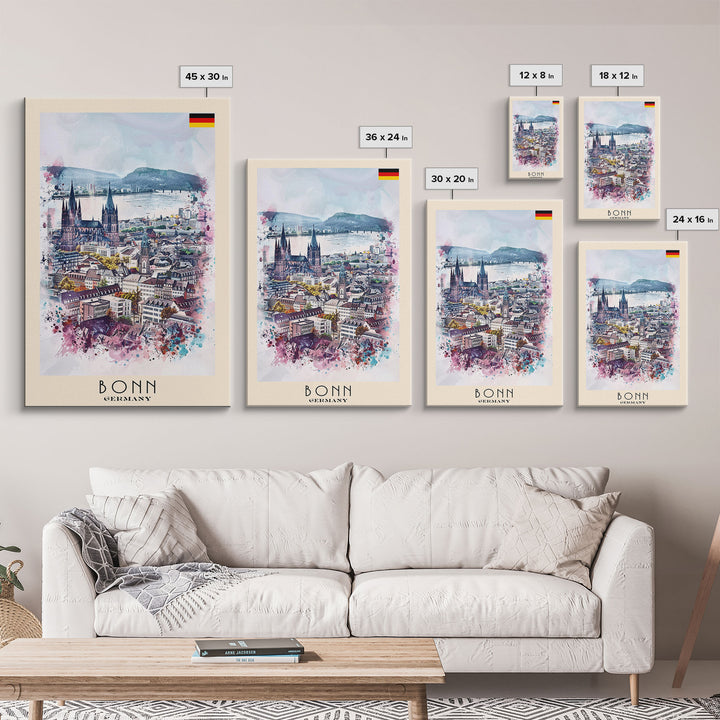 Bonn Germany Travel Poster Framed Canvas Print, Wall Art, Home Decor, Travel Print, River View, Watercolor Painting, Original Art