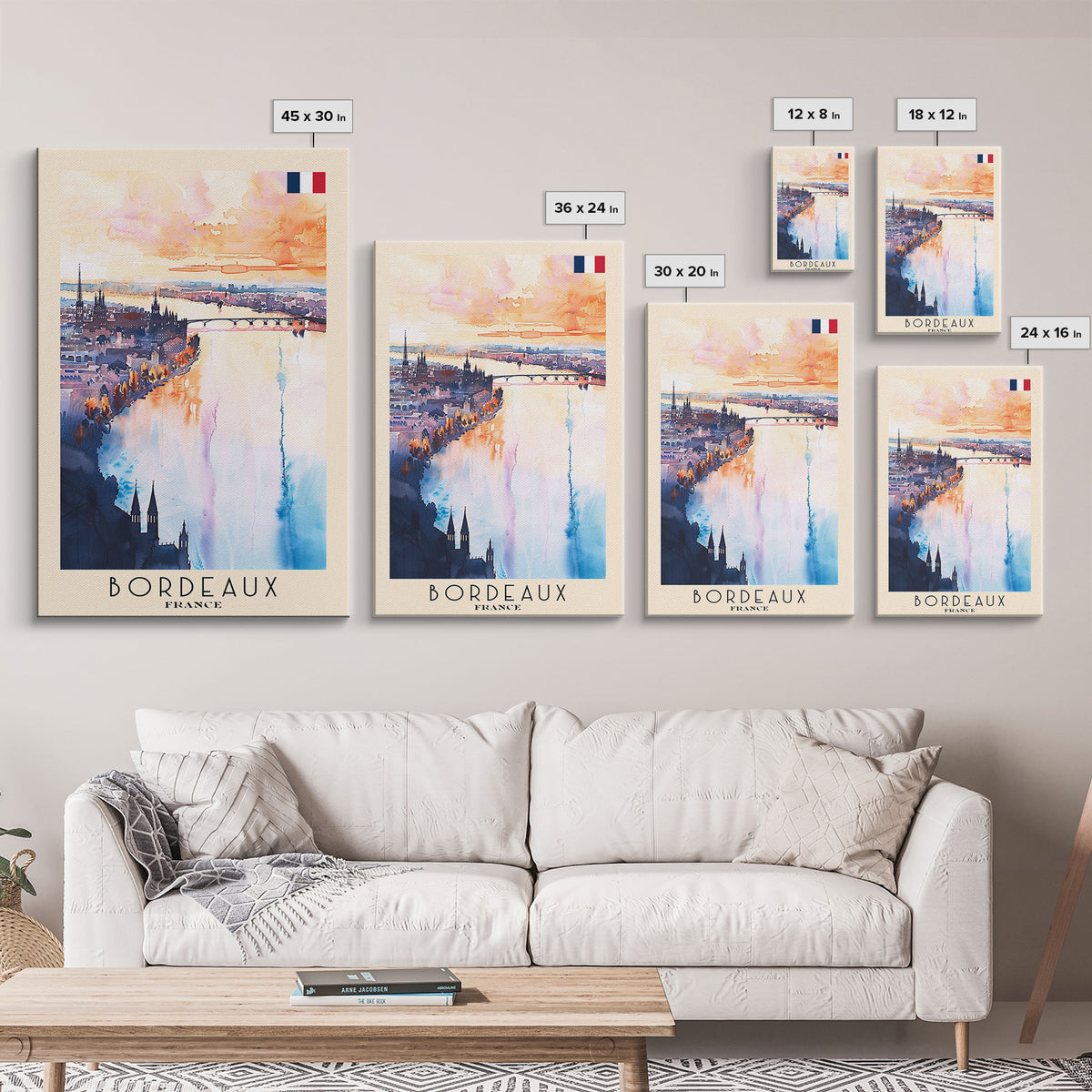 Bordeaux France Travel Poster Framed Canvas Print, Wall Art, Home Decor, Travel Print, Sunset View, Watercolor Art, Original Art